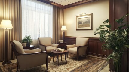 Cozy and Elegant Waiting Area with Soft Lighting and Plants