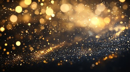 Golden particles on dark background, flying glittering shiny sparkles on black banner, event party holiday Christmas design, Generative AI