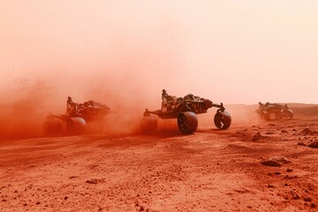Astronauts maneuver their rovers across the red Martian terrain, stirring dust under a soft, pink sky