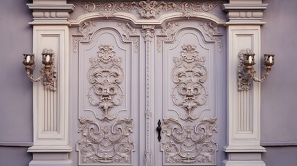 Obraz premium Ornate wooden door with vintage handles, space on the right, backlighting, soft lavender background,Generative ai illustration