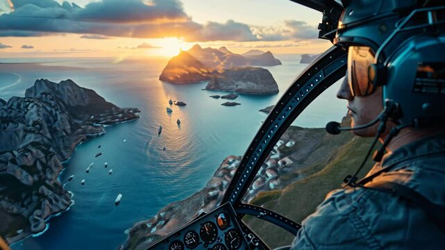 Helicopter pilot soaring through the sky