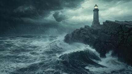 Dramatic Lighthouse on Rocky Shore During Stormy Weather