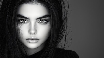 Fototapeta premium Artistic portrait of a young woman with a natural and delicate face, expressive eyes shining softly in monochromatic tones. Black disheveled hair frames her, with smooth lighting creating subtle 