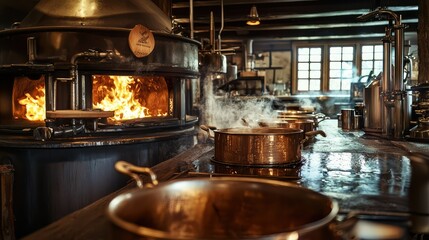 Rustic Kitchen with Flames and Copper Pots in Traditional Setting