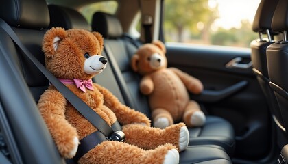 Two teddy bears on a car seat, one buckled up with a seatbelt.Safety. Care. Responsible travel.Child safety campaign, travel awareness illustration, educational design, family-themed decor, road saf