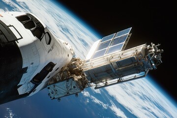 Satellite deploys from shuttle, solar panels unfolding in sunlight above Earth, highlighting advanced technology