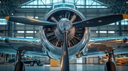 Fototapeta premium A close-up shot of the nose and propeller on an old airplane, displayed in a museum setting