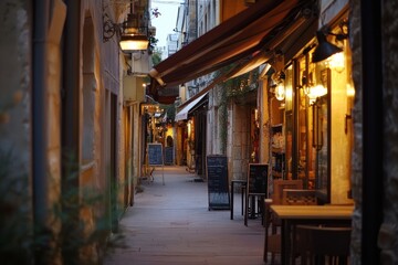 Fototapeta premium This serene alleyway invites exploration with its charming cafes and unique shops, illuminated by soft evening light