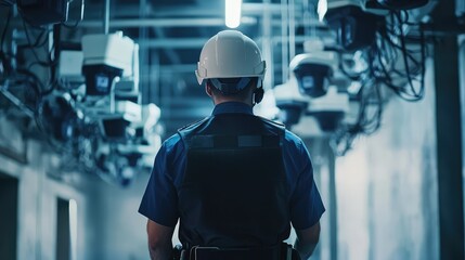 Security Personnel Monitoring Surveillance Equipment in Dark Room