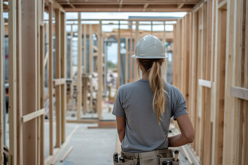 female carpenter worker walking through timber house frame wearing hardhat from back view