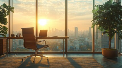 Modern Office Interior with Cityscape View at Sunset