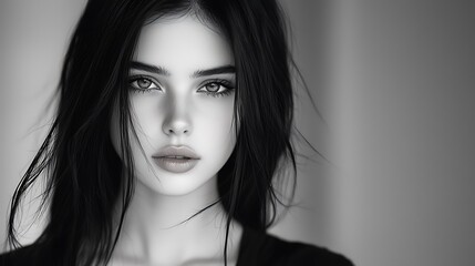 Portrait of a young woman with natural beauty, her delicate face glowing in monochrome tones. Loose black hair surrounds her, smooth shadows and textures creating a calm and sophisticated look 