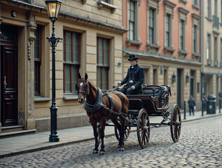 Horse-drawn carriage traverses cobblestone street in historical city setting