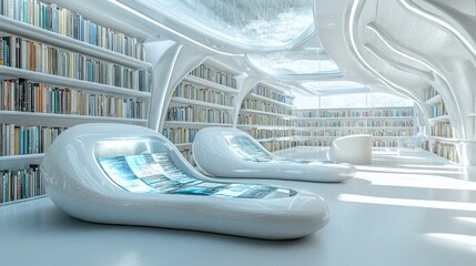 Modern Futuristic Library with Sleek Reading Areas and Bookshelves