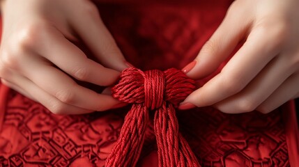 Hands Tying Intricate Red Knot for Chinese New Year