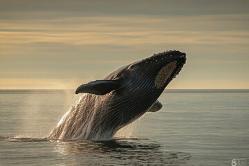 Fototapeta premium A giant whale leaps from the ocean, creating a stunning display as sunlight glimmers off its skin
