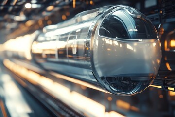 Maglev train hovers effortlessly above tracks, reflecting sunlight with a dynamic and modern design emphasizing speed