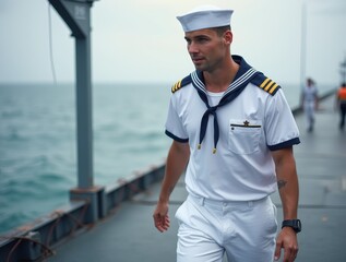 Sailor walking along the dock near the sea during cloudy weather in the afternoon