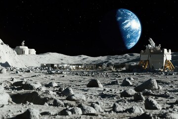 Astronauts work and live on a lunar base, capturing the beauty of the Moon with Earth visible in the background