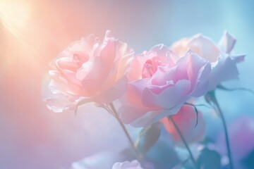 Soft pink roses create a serene atmosphere with gentle light enveloping the delicate petals in a calming setting. Generative AI