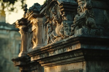 Obraz premium A tall historic monument, detailed and vibrant, reflects the city's rich culture and history in the sunlight