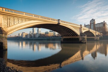 Naklejka premium Beautiful historic bridge offers stunning views of city skyline reflected in the calm river water during sunset