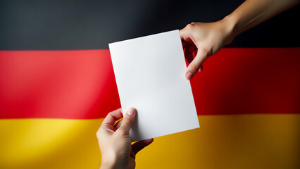 zwei Hände halten weißes Papier oder eine Karte ohne Beschriftung vor einer Flagge in schwarz, rot, gold - fotorealistische Illustration
