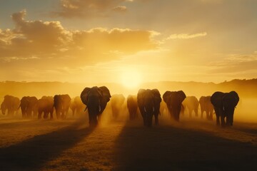 Fototapeta premium A herd of elephants moves gracefully across a dusty plain as the sun sets, casting warm light and long shadows