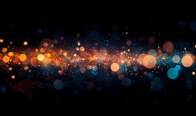 Obraz premium Flying particles on black background, bokeh texture, blurred festive lights, glittering confetti burst out, shiny speckles, orange green blue white colors, Generative AI