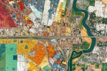 Fototapeta premium Aerial view, colorful land plots, river, highway.