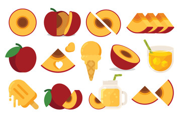 Set of red Plum, Farm fresh Plum product emblem for grocery shop, collection of ice cream, Juice jar, glass of juice, ice cream cone and stick, simple flat vector illustration of fruits.