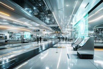 A spacious airport terminal features holographic displays and automated check-in systems for seamless travel