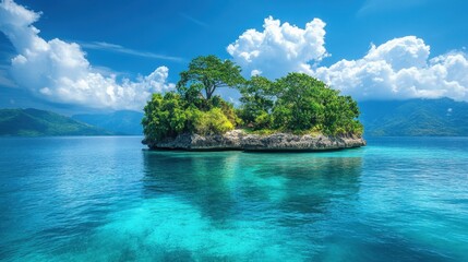 Obraz premium Serene tropical island landscape with vibrant trees and clear turquoise waters under a bright sunny sky