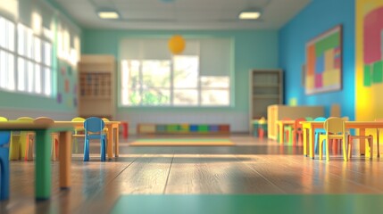 Colorful preschool classroom with child-sized tables and chairs, bright interior design, natural...