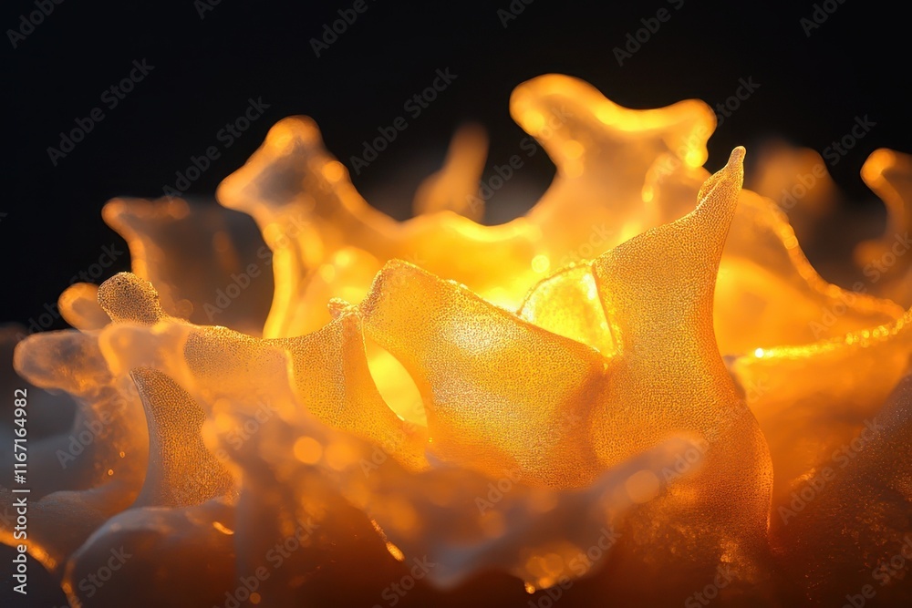 Poster intricate patterns of luminous orange light emerging from textured translucent forms in abstract dis