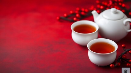 Fototapeta premium Traditional Chinese Tea Ceremony Set Against Festive Red Background