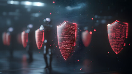 futuristic scene depicting ethical AI monitoring data security, featuring glowing red shields and humanoid figures high tech environment. atmosphere conveys sense of protection and advanced