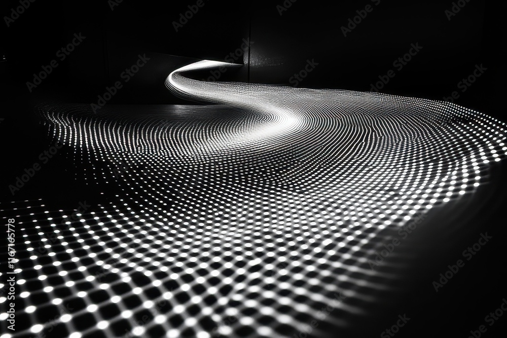 Poster Dynamic black and white light patterns create a flowing river of luminescence in an indoor space. Generative AI