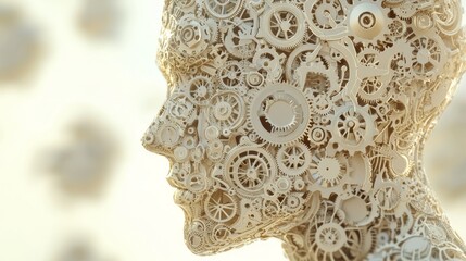 Cogitation in Motion: Intricate Gear Human Figure Representing the Complexity of Thoughts and Emotions in 3D Rendered Artwork