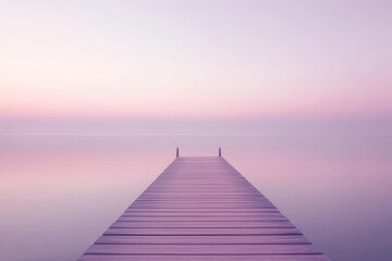 Peaceful dock extending into serene water at sunrise with soft pastel colors in the sky reflecting on calm surface. Generative AI