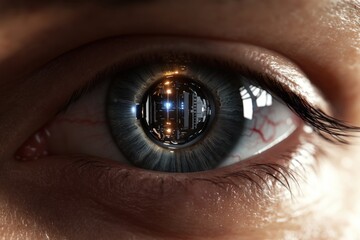 Close-up of a human eye during a bionic implant procedure to restore vision for the visually impaired