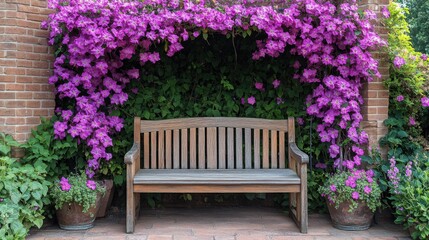 Vibrant garden bench under a blooming bougainvillea canopy in a serene outdoor setting