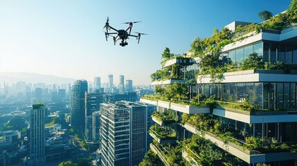Obraz premium Drone Flying Over Modern Sustainable Building with Urban Landscape