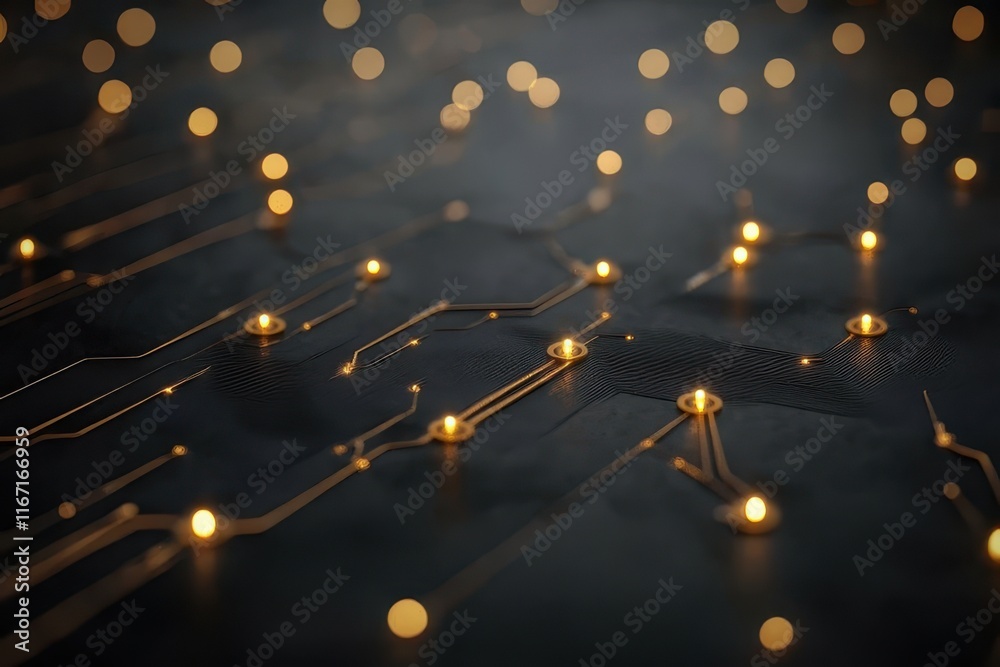 Poster illuminated circuit patterns with glowing lights and abstract design at close range. generative ai