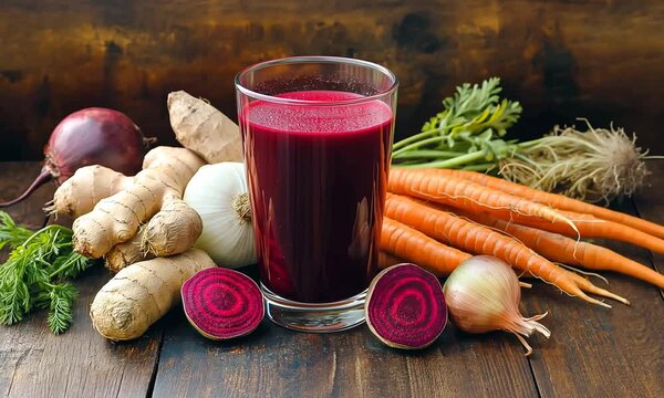 Beetroot in a juice glass surrounded beetroots and other vegetables