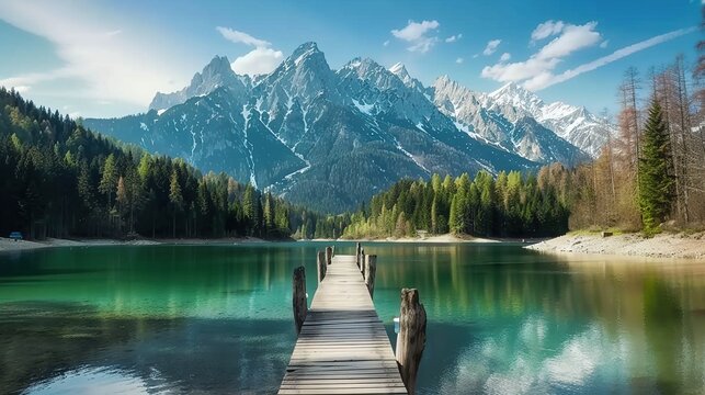 Breathtaking view of Fusine lake with Mangart peak on background. Popular travel destination of Mediterranean sea. Location: Tarvisio comune , spring