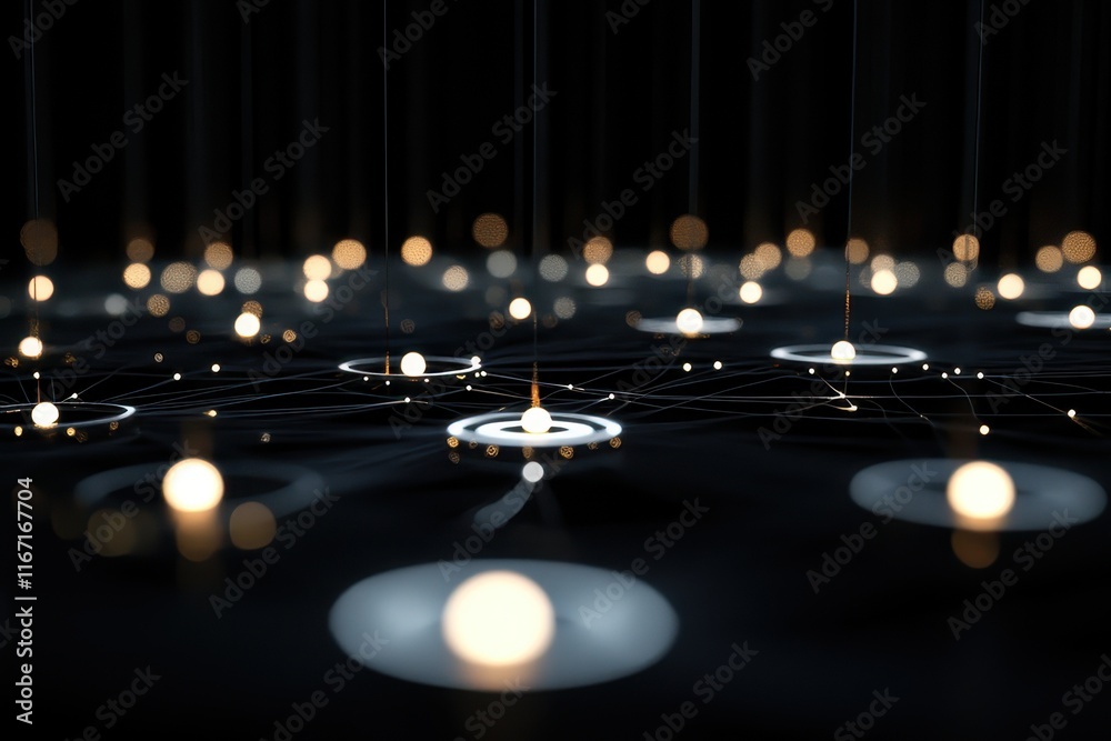 Poster dark background with glowing orbs and lines creating a futuristic network of interconnected lights i