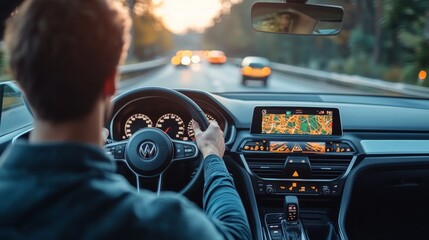 Driving a Modern Car on a Scenic Highway at Sunset