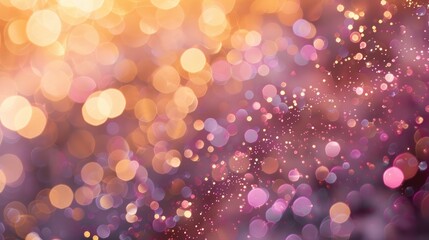 Banner of bokeh abstract peach, pink and purple, golden bokeh sparkles lights. Blurred shiny, glowing festive wallpaper for party, holiday, birthday, invitation in trending peach fuzz color