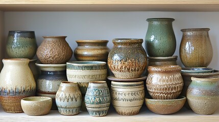Various Ceramic Pots Displayed on a Wooden Shelf with Unique Designs